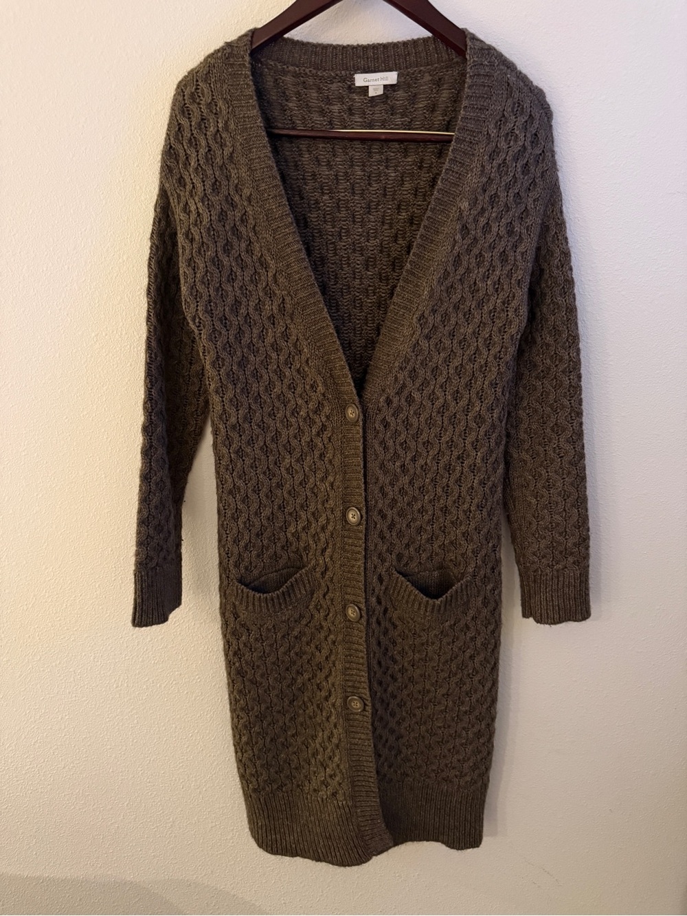 Garnet Hill Wool Alpaca Cable Knit Long Cardigan Small Brown Grandpa Cozy